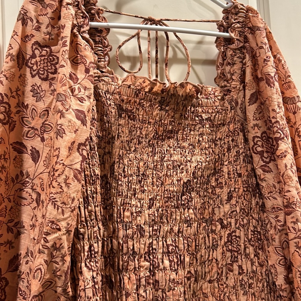 NWOT Free People Floral Smocked tube elastic BodyCon Mini Dress puff sleeves L - Picture 5 of 9